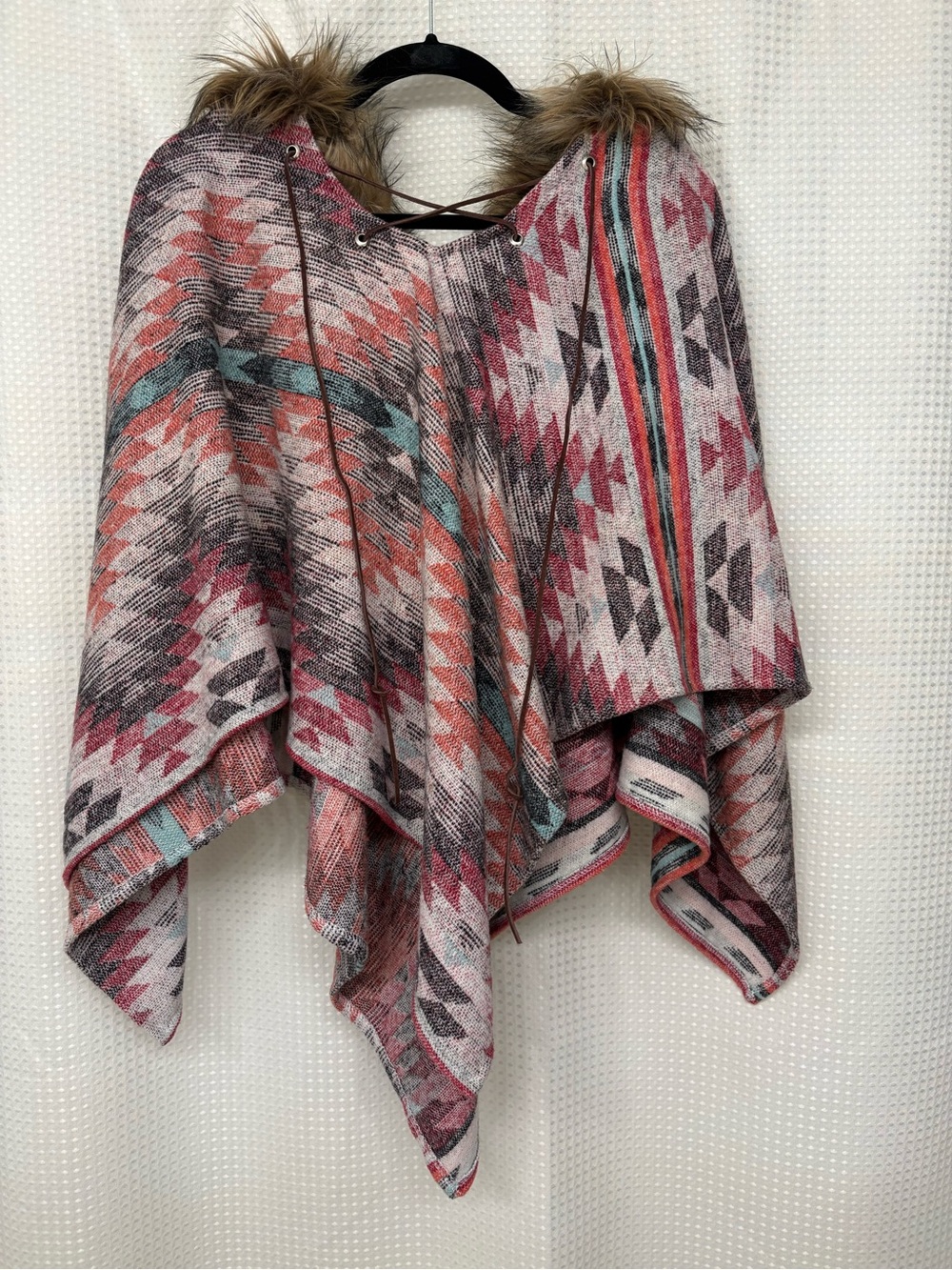 Handmade Boho Southwestern Aztec Faux Fur Hooded Poncho Cape